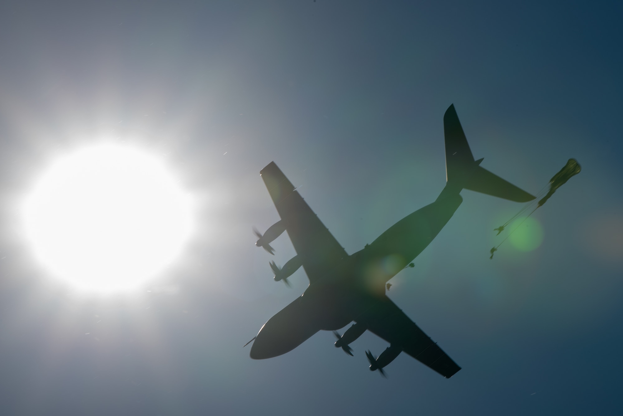 A German A400 Atlas drops paratroopers during exercise Air Defender 2023 (AD23) in Saarbrucken, Germany, June 14, 2023. Exercise AD23 integrates both U.S. and allied air-power to defend shared values, while leveraging and strengthening vital partnerships to deter aggression around the world. (U.S. Air National Guard photo by Master Sgt. Phil Speck)