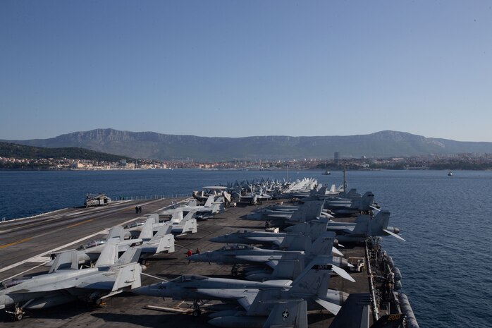 The world's largest aircraft carrier USS Gerald R. Ford (CVN 78) arrives in Split, Croatia for a scheduled port visit, June 26, 2023. Gerald R. Ford is the U.S. Navy's newest and most advanced aircraft carrier, representing a generational leap in the U.S. Navy's capacity to project power on a global scale. The Gerald R. Ford Carrier Strike Group is on a scheduled deployment in the U.S. Naval Forces Europe area of operations, employed by U.S. Sixth Fleet to defend U.S., allied, and partner interests. (U.S. Navy photo by Mass Communication Specialist 2nd Class Jacob Mattingly)