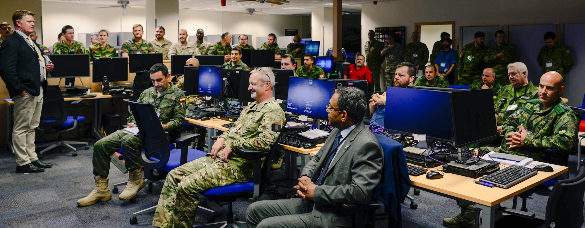 NATO allies and partners from 19 countries receive a briefing at the European Partnership Integration Enterprise as part of exercise Unified Vision 2023 at Ramstein Air Base, Germany, June 22, 2023. Nearly 60 service members participated in the joint intelligence, surveillance and reconnaissance exercise aiming to integrate ISR capabilities and procedures across the alliance, enabling a unified intelligence enterprise.