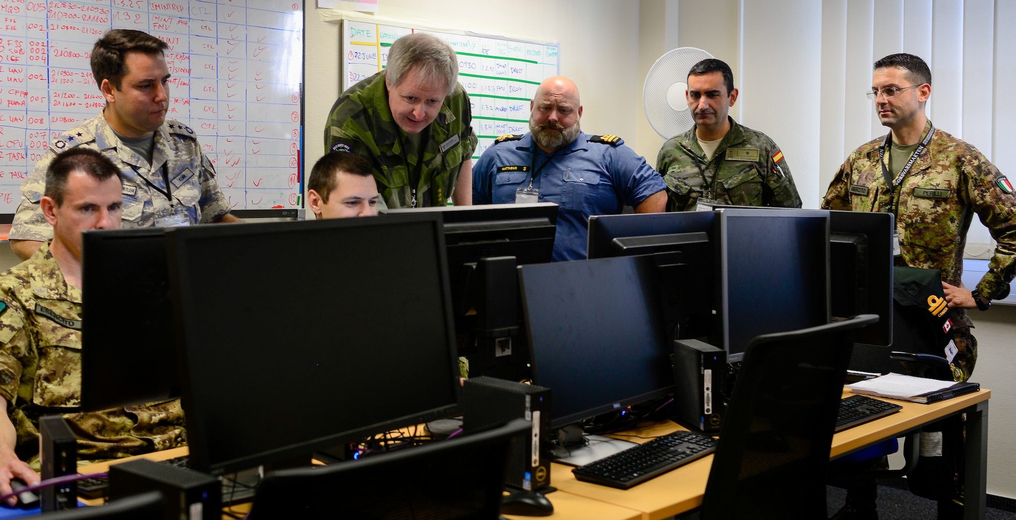 Airmen from Turkey, Croatia, Canada, Italy, Spain and Sweden analyze data together during exercise Unified Vision 2023 at Ramstein Air Base, Germany, June 22, 2023. Exercises like UV 23 provide an opportunity for NATO forces to familiarize themselves with other nations’ practices in order to continue delivering air and space power for the alliance.