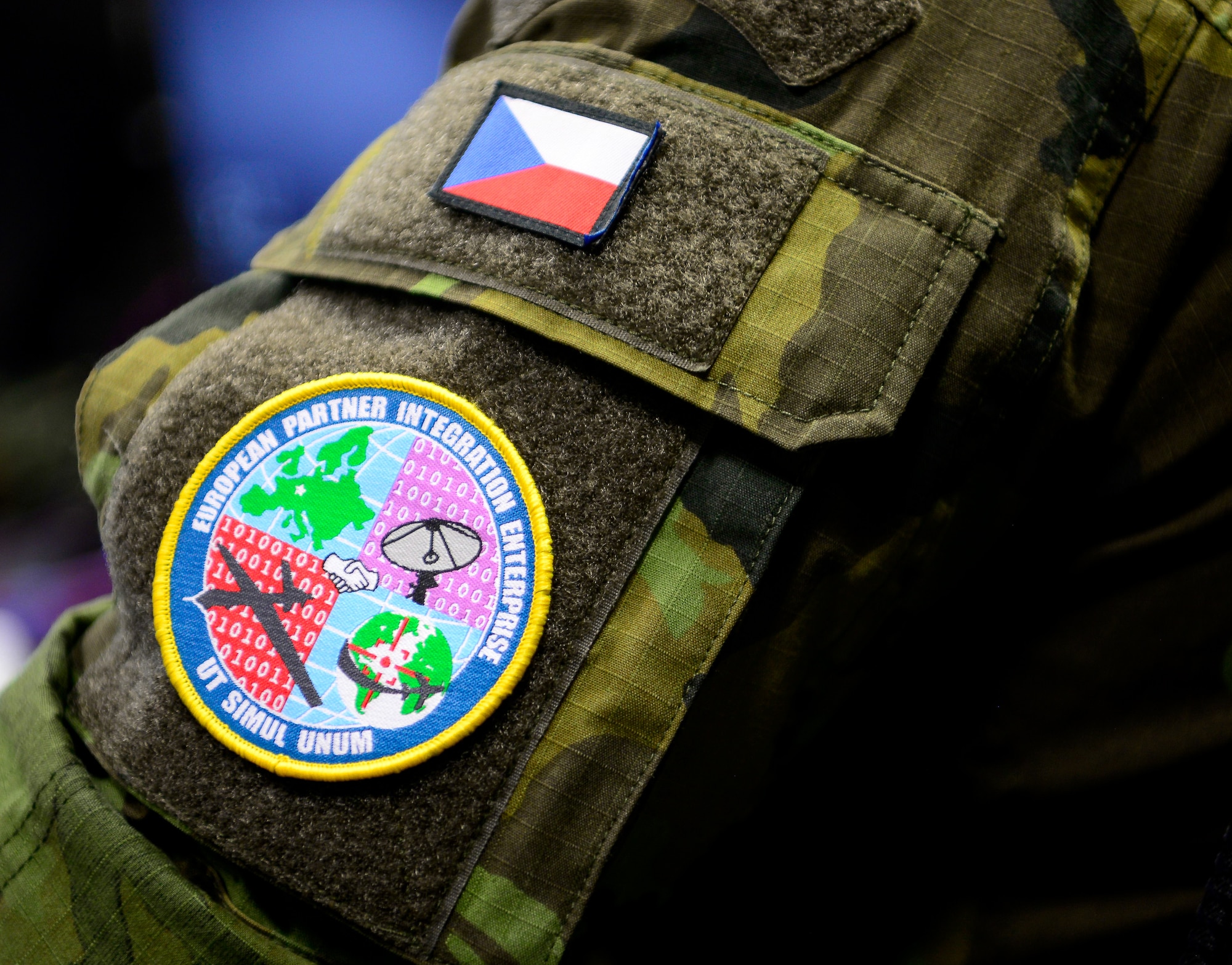 A Czech Republic airman wears a European Partnership Integration Enterprise patch during exercise Unified Vision 2023 at Ramstein Air Base, Germany, June 22, 2023. Exercises like Unified Vision 23 provide an opportunity for NATO forces to familiarize themselves with other nations’ practices in order to continue delivering air and space power for the betterment of all allies and partners.
