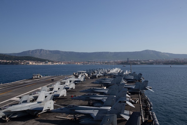The world's largest aircraft carrier USS Gerald R. Ford (CVN 78) arrives in Split, Croatia for a scheduled port visit, June 26, 2023. Gerald R. Ford is the U.S. Navy's newest and most advanced aircraft carrier, representing a generational leap in the U.S. Navy's capacity to project power on a global scale. The Gerald R. Ford Carrier Strike Group is on a scheduled deployment in the U.S. Naval Forces Europe area of operations, employed by U.S. Sixth Fleet to defend U.S., allied, and partner interests. (U.S. Navy photo by Mass Communication Specialist 2nd Class Jacob Mattingly)