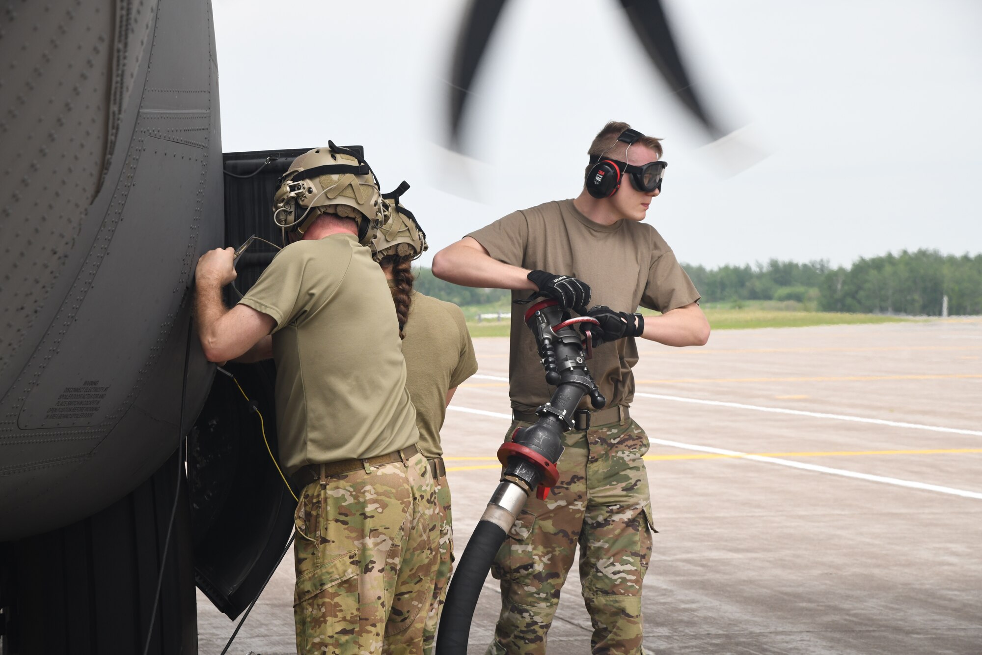 U.S. Air Force Fuels Specialists from the 133rd Airlift Wing, Minnesota Air National Guard, conduct a wet-wing defueling mission at the 148th Fighter Wing, Duluth, Minnesota on June 6, 2023.