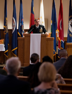 Rear Adm. Matthew Case, commander, Naval Medical Forces Atlantic, and chief of the Medical Service Corps, speaks during a change of command ceremony for Navy Medicine Readiness and Training Command (NMRTC) Fort Belvoir June 23.