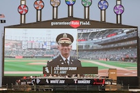 Lt. Col. Brian Dunn, G1, Assistant Chief of Staff, 85th U.S. Army Reserve Support Command, appears on the jumbotron for a military recognition during the Chicago White Sox Pride night game, June 21, 2023.