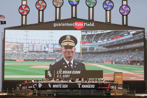 Lt. Col. Brian Dunn, G1, Assistant Chief of Staff, 85th U.S. Army Reserve Support Command, appears on the jumbotron for a military recognition during the Chicago White Sox Pride night game, June 21, 2023.