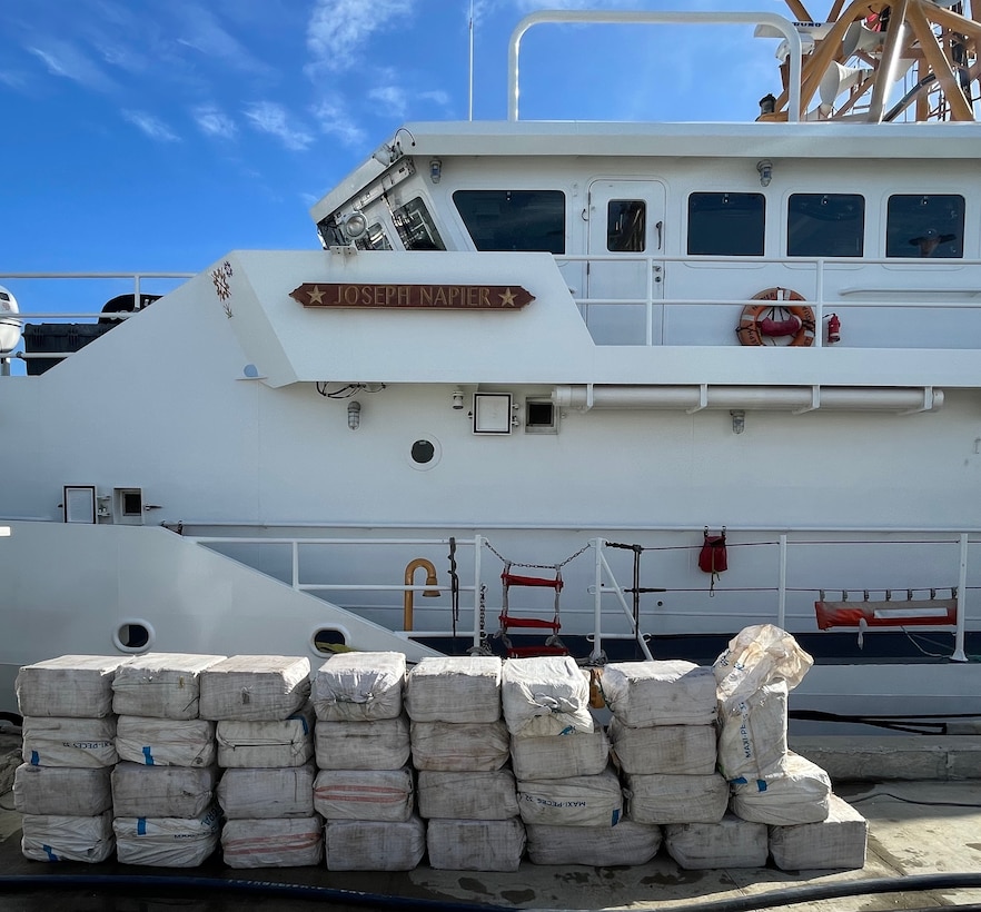 Coast Guard Cutter Joseph Napier crewmembers offload approximately 2,024 pounds of cocaine, estimated to have a wholesale value of $23 million dollars, in San Juan, Puerto Rico, June 26, 2023.  Coast Guard Cutter Joseph Napier interdicted a smuggling vessel with the seized contraband in Caribbean Sea international waters south of Puerto Rico June 18, 2023.  Four smugglers apprehended in this case face prosecution by the U.S. Department of Justice at the Federal District Court in Puerto Rico.  (U.S. Coast Guard photo)