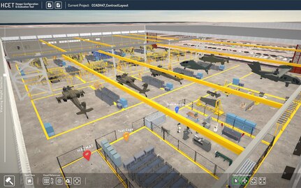 Graphic of hangar renovation showcased in a computer design tool.