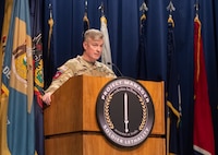 Col. Scott J. Madore, Project Manager, PM Soldier Lethality, shares his remarks at a recent consolidation ceremony at Picatinny Arsenal, New Jersey May 24, 2023. The event officially established the consolidation of the Product Manager Next Generation Weapons Office and the Product Manager Individual Weapons Office into a single Product Management Office.