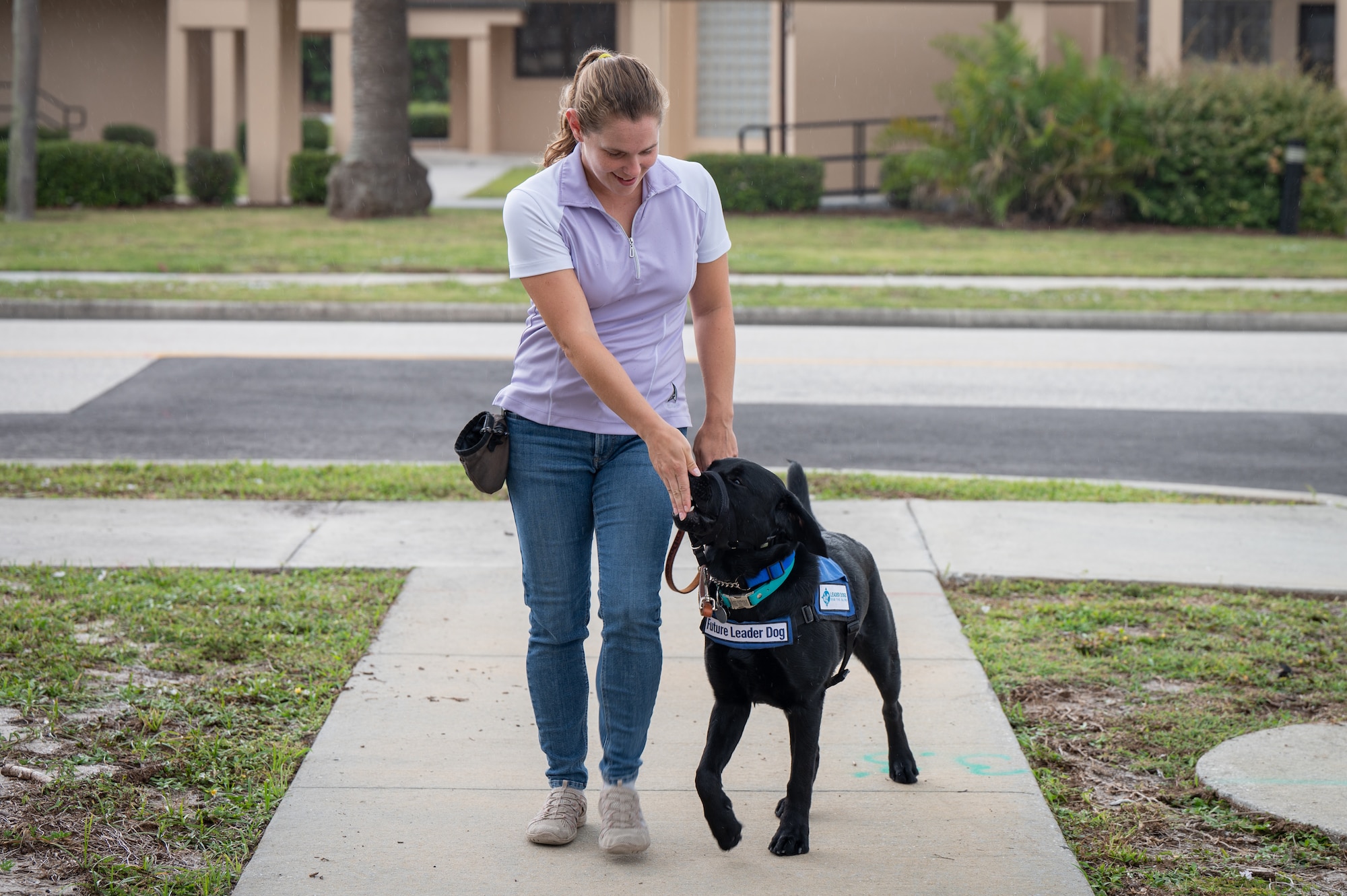 Kristen Chiodini-Fowler, Space Launch Delta 45 risk analyst, walks her guide-dog-in-training at Patrick Space Force Base, Fla., June 8, 2023. Kristen takes Comet on a walk to train him while also getting in some exercise. (U.S. Space Force photo by Senior Airman Dakota Raub)