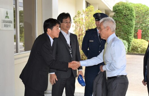  U.S. Ambassador to Japan, Rahm Emanuel, greets Mr. Yasuyuki Kasai, director general, Japanese National Space Policy Secretariat, Cabinet Office, Mr. Tomonori Sato, group president, Defense & Space Systems, Mitsubishi Electric Corporation, and Lt. Col. Brian Fredrickson, Quasi-Zenith Satellite System Hosted Payload (QZSS-HP) program manager, Space Systems Command, during a site visit to QZSS-HP in Japan.  Photo Credit: Provided by Government of Japan