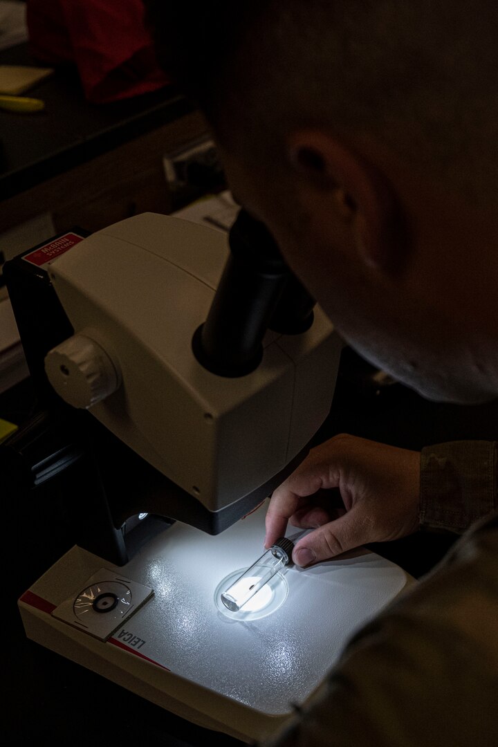 Army and Navy students in the Medical Education and Training Campus Preventive Medicine program examine insects and learn about their relationship to humans, the environment, and other organisms in the entomology laboratory. As part of their training, students are prepared to perform various entomological functions in support of insect and rodent control programs. Graduates are certified in DoD Pesticide Application through the Armed Forces Pest Management Board.