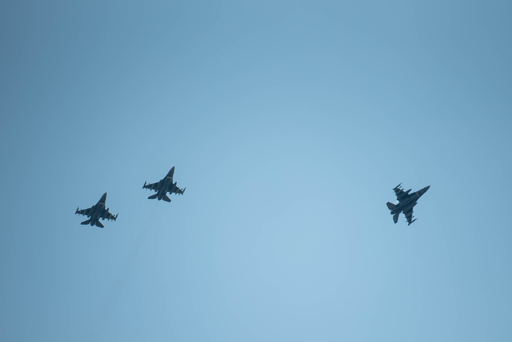 U.S. F-16 Fighting Falcon fighter aircraft, prepare to land at Spangdahlem Air Base, Germany.