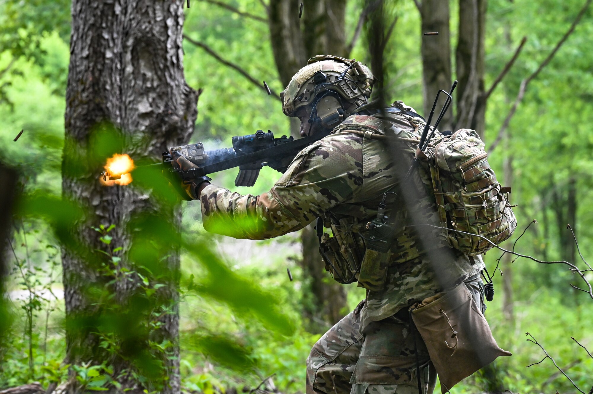 Staff Sgt. Frederick Roland, a Defender assigned to the 301st Security Forces Squadron, Carswell Field, Naval Air Station Joint Reserve Base Fort Worth, Texas, fires blank rounds on an M4 carbine during a training exercise on June 15, 2023, at Camp James A. Garfield Joint Military Training Center, Ohio.