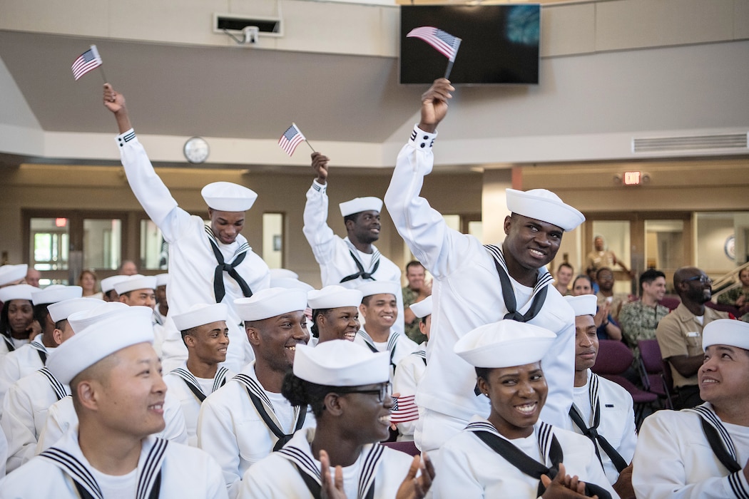 Recruits participate in a naturalization ceremony at Recruit Training Command.
