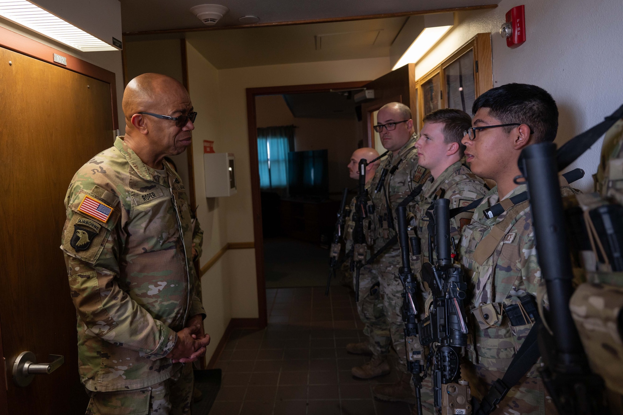 U.S. Army Lt. Gen. A.C. Roper, deputy commander of U.S. Northern Command, speaks with defenders in the 890th Missile Security Forces Squadron during his trip to the Bravo-01 missile alert facility near Bushnell, Nebraska, June 13, 2023. The defenders provided Roper a brief about the day-to-day MAF operations in support of homeland defense. 
(U.S. Air Force photo by Senior Airman Sarah Post)