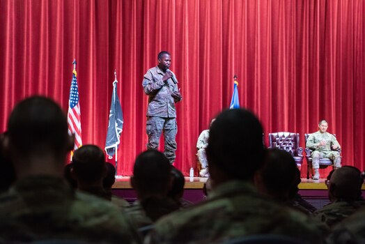  Chief Master Sgt. Jacob Simmons, Space Operations Command senior enlisted leader, addresses a room of graduates at the U.S. Space Force patching ceremony at basic military training June 20, 2023.