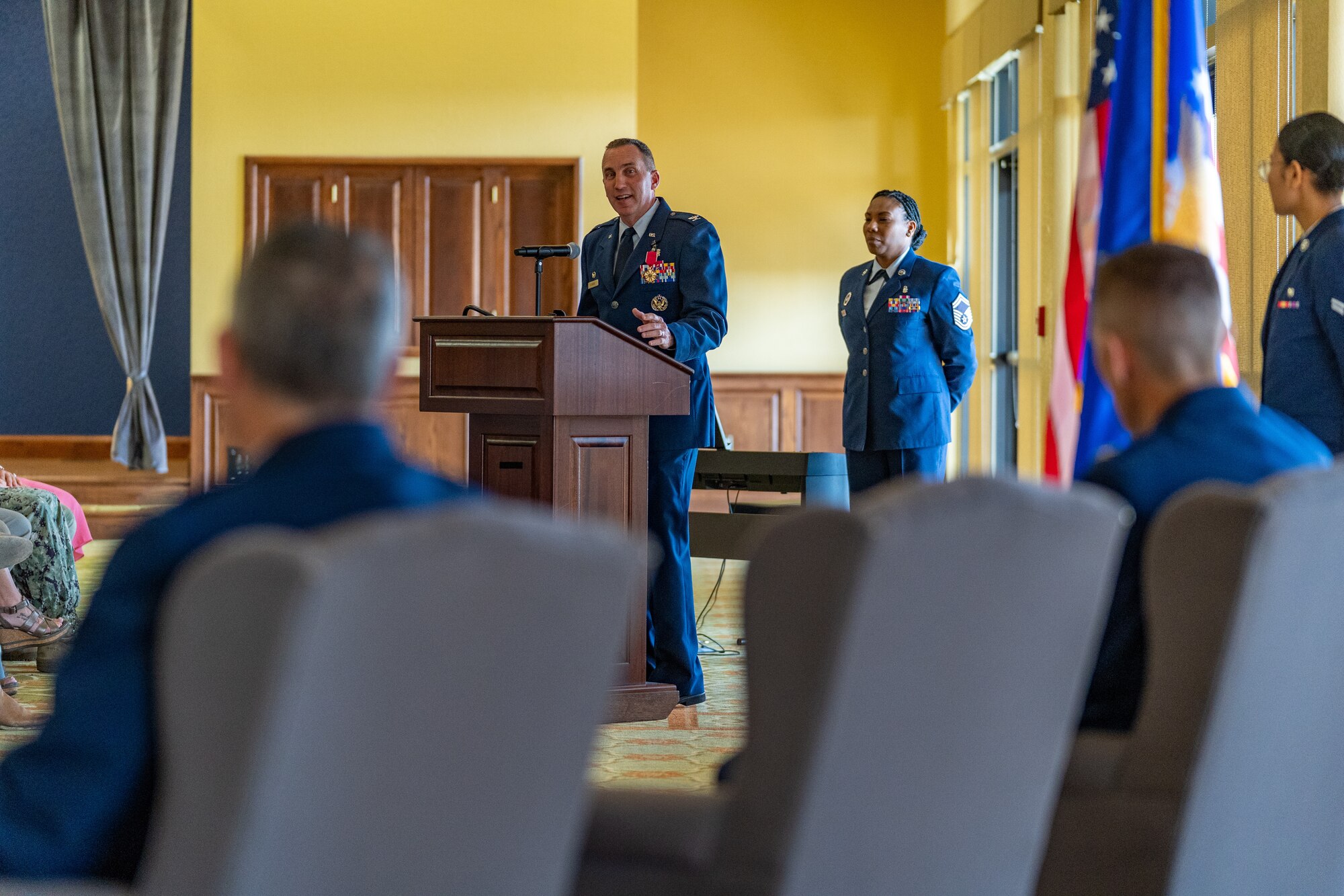 U.S. Air Force Col. Christopher Estridge, 81st Medical Group outgoing commander, gives his remarks during the 81st MDG change of command ceremony at Keesler Air Force Base, Mississippi, June 23, 2023.