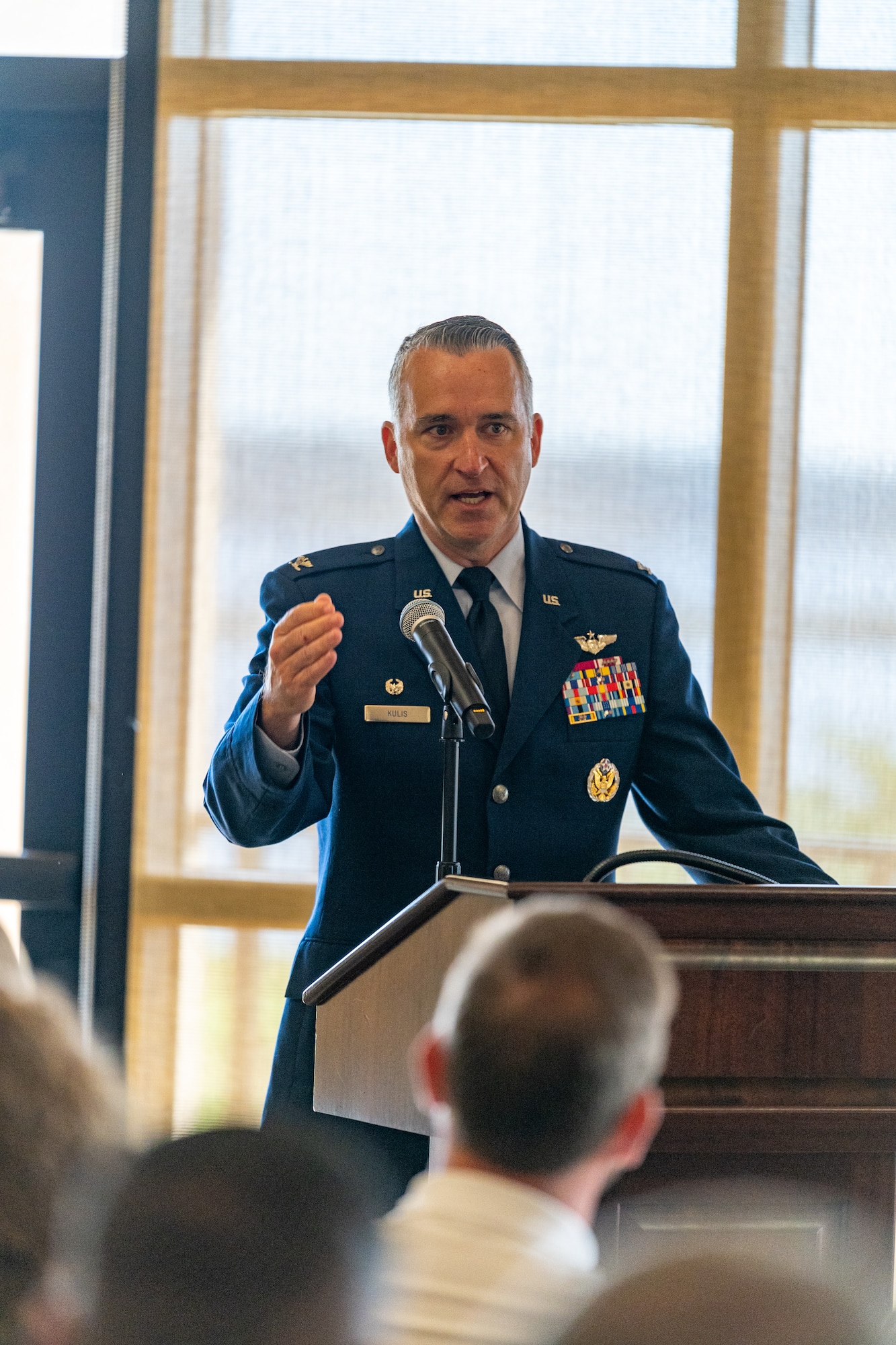 U.S. Air Force Col. Peter Kulis, 81st Medical Group incoming commander, gives his remarks during the 81st MDG change of command ceremony at Keesler Air Force Base, Mississippi, June 23, 2023.