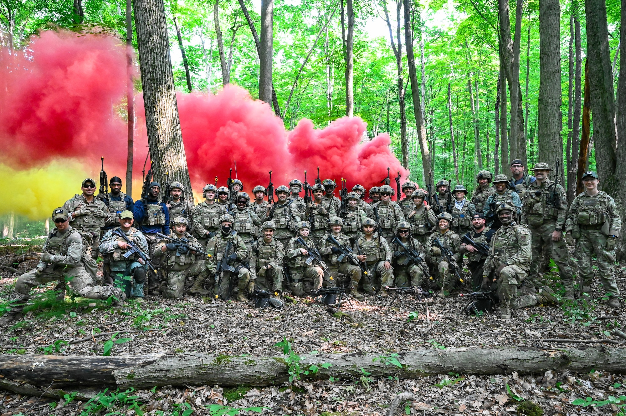 Defenders assigned to the 301st Security Forces Squadron, Carswell Field, Naval Air Station Joint Reserve Base Fort Worth, Texas, and the 916th SFS, Seymour Johnson Air Force Base, North Carolina, pose for a photo after a training exercise on June 15, 2023, at Camp James A. Garfield Joint Military Training Center, Ohio.