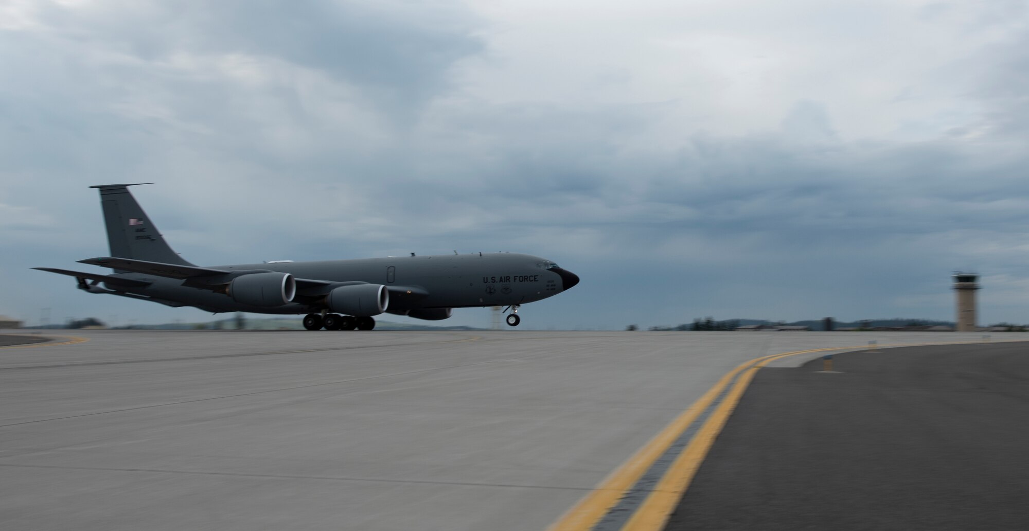 A KC-135 Stratotanker assigned to the 92nd Air Refueling Wing takes off from the flight line as part of Operation Centennial Contact at Fairchild Air force Base, Washington, June 27, 2023. The movement, which included stops at Yellowstone National Park, Mount Rushmore and Glacier National Park, was part of Air Mobility Command’s celebration of 100 years air refueling operations and demonstrated the 92nd Air Refueling Wing’s global reach capabilities. Since its inception in 1923, Air refueling has become a crucial component of military and civilian aviation operations around the world by extending the range and endurance of aircraft and enabling them to complete missions that would otherwise be impossible or require multiple stops. As a result, this capability is essential for strategic and tactical operations, as well as humanitarian relief efforts in support of AMC, U.S. Transportation Command and Department of Defense priorities. (U.S. Air Force photo by Tech. Sgt. Michael Brown)