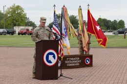 Brig. Gen. Eric P. Shirley, commanding general, 1st Theater Sustainment Command, welcomed home the redeploying Soldiers from the 18th Financial Support Center at a redeployment ceremony in front of Fowler Hall on Fort Knox, Kentucky, June 23, 2023.