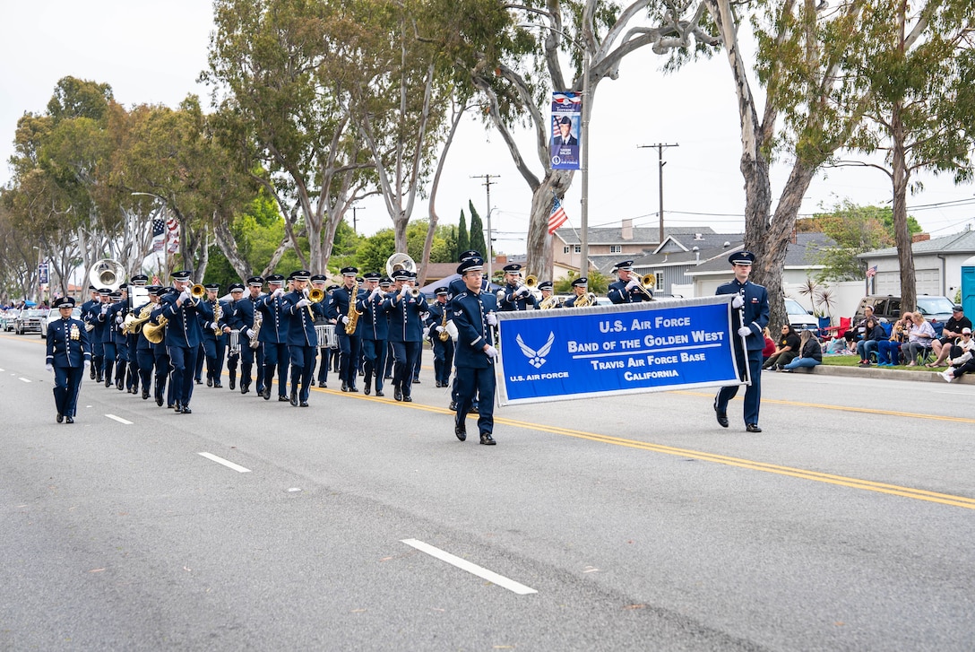 Ceremonial Band marches in an Armed Services parade in Torrance, CA