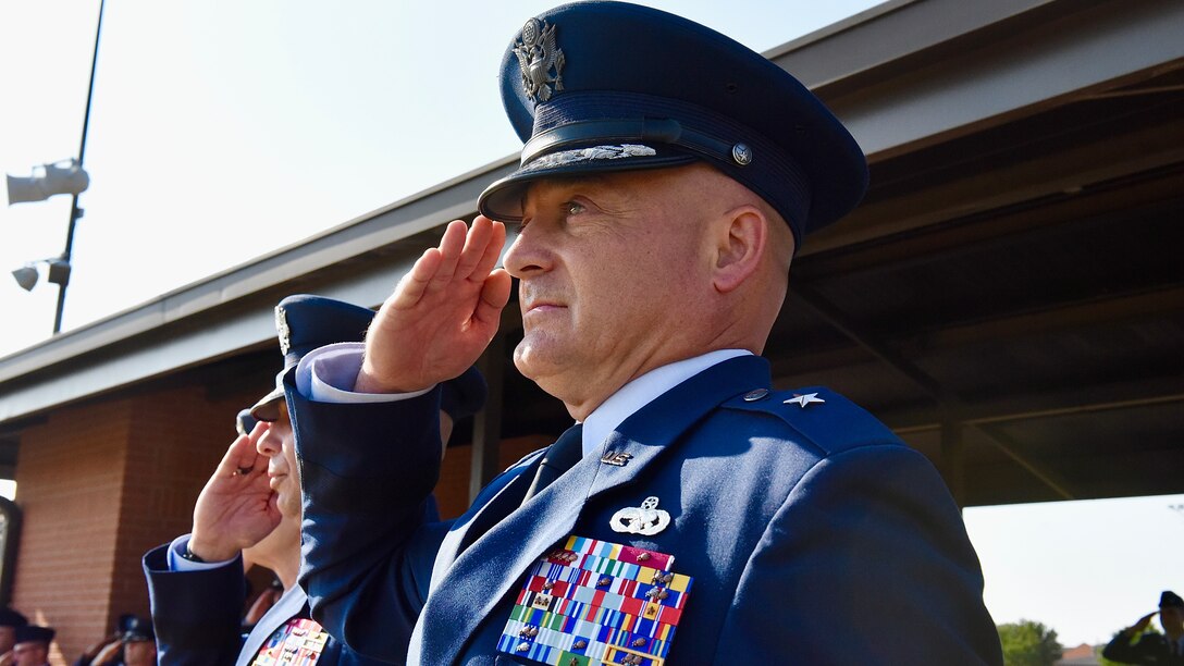 Brig. Gen. George T.M. Dietrich III, 82nd Training Wing incoming commander, gives a salute at the 82nd TRW Change of Command Ceremony at Sheppard Air Force Base, Texas, June 27, 2023.