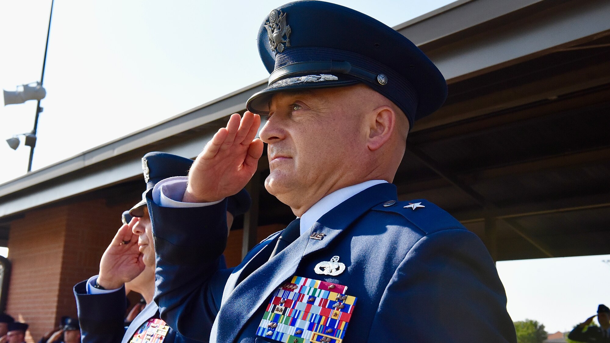 Brig. Gen. George T.M. Dietrich III, 82nd Training Wing incoming commander, gives a salute at the 82nd TRW Change of Command Ceremony at Sheppard Air Force Base, Texas, June 27, 2023.