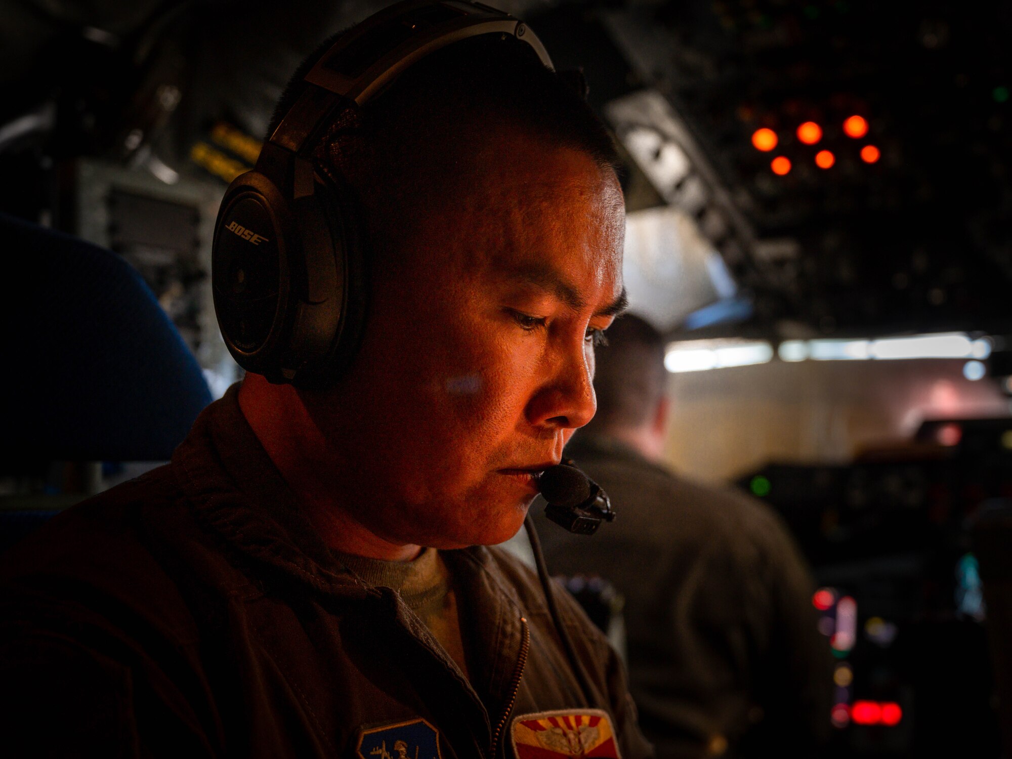 U.S. Air Force Tech. Sgt. Kevin Gimenez, 161st Air Refueling Wing boom operator, reviews his preflight checklist, June 23, 2023, at Goldwater ANG Base, Arizona.