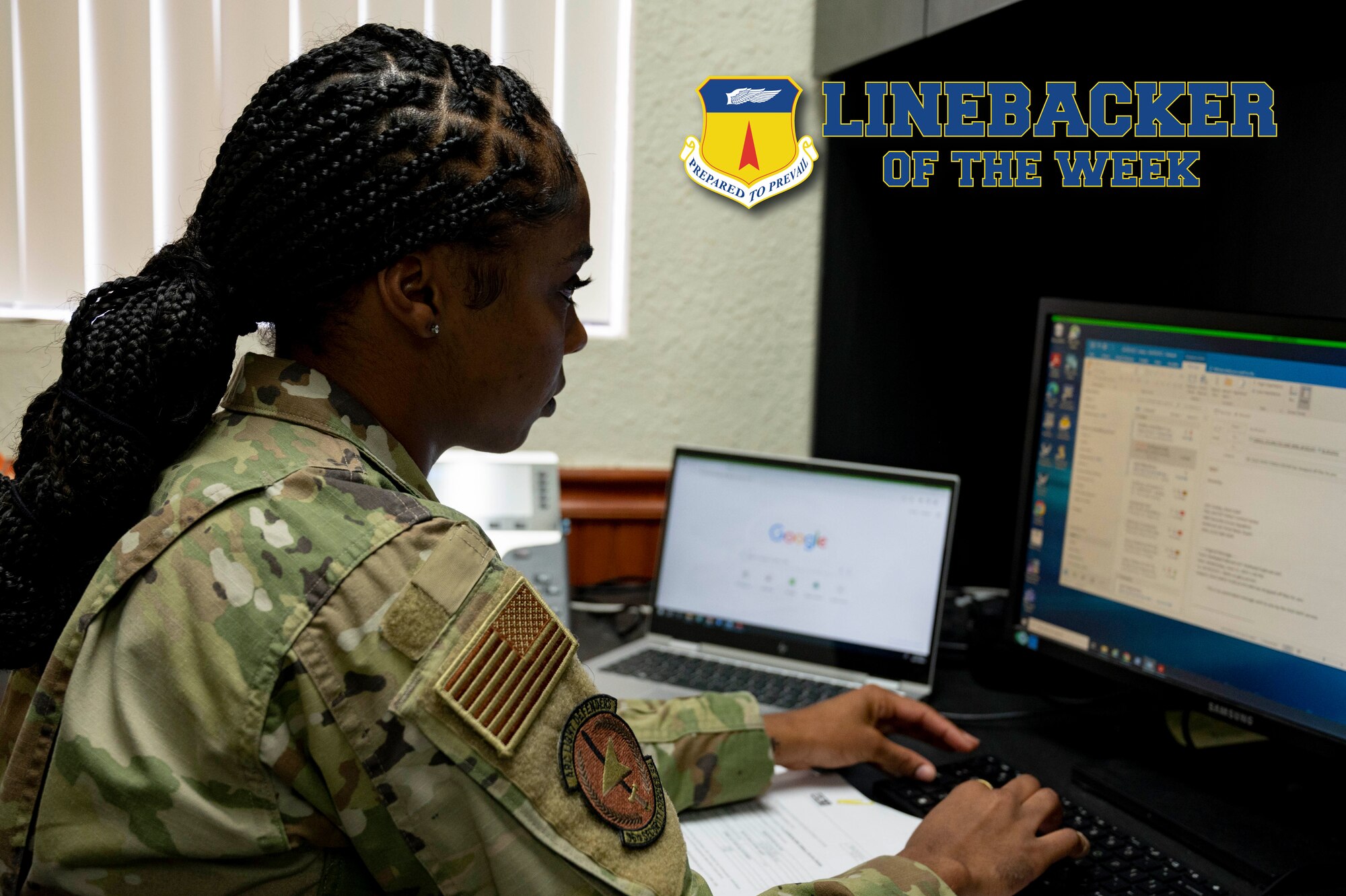 U.S. Air Force Airman 1st Class Kioni Cooley, an installation access clerk assigned to the 36th Security Forces Squadron, works on her computer at Andersen Air Force Base, Guam, June 21, 2023. The Team Andersen Linebacker of the Week recognizes outstanding enlisted, officer, civilian and total force personnel who have had an impact on achieving Team Andersen’s mission, vision and priorities. (U.S. Air Force photo by Airman 1st Class Emily Saxton)