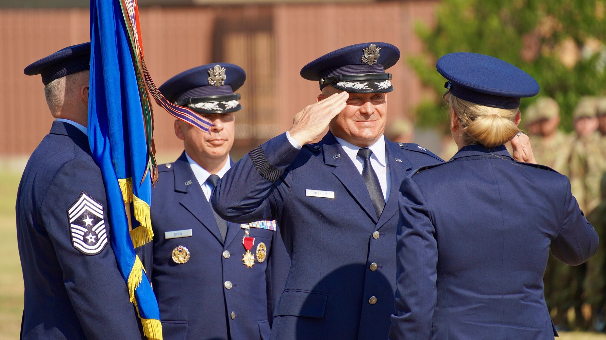 Brig. Gen. George T.M. Dietrich III, 82nd Training Wing incoming commander, salutes Maj. Gen. Michele Edmondson, Second Air Force commander, at the 82nd TRW change of command ceremony at Sheppard Air Force Base, Texas, June 27, 2023
