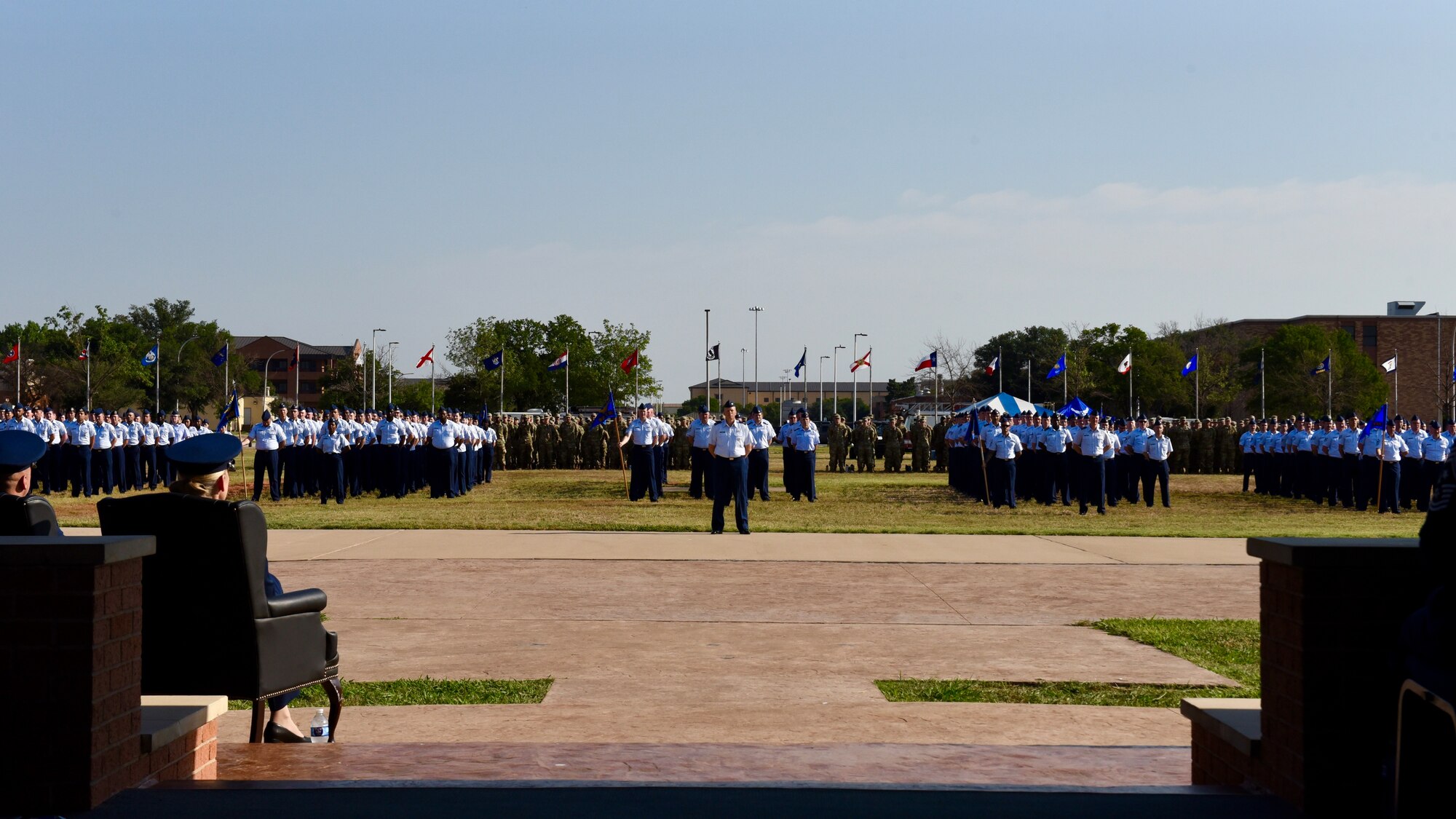 Col. Kirk Peterson, 82nd Training Wing vice commander, stands at attention with Airmen during the 82nd TRW Change of Command Ceremony at Sheppard Air Force Base, Texas, June 27, 2023. The Change of Command Ceremony welcomed incoming 82nd TRW commander Brig. Gen. George T.M. Dietrich III.