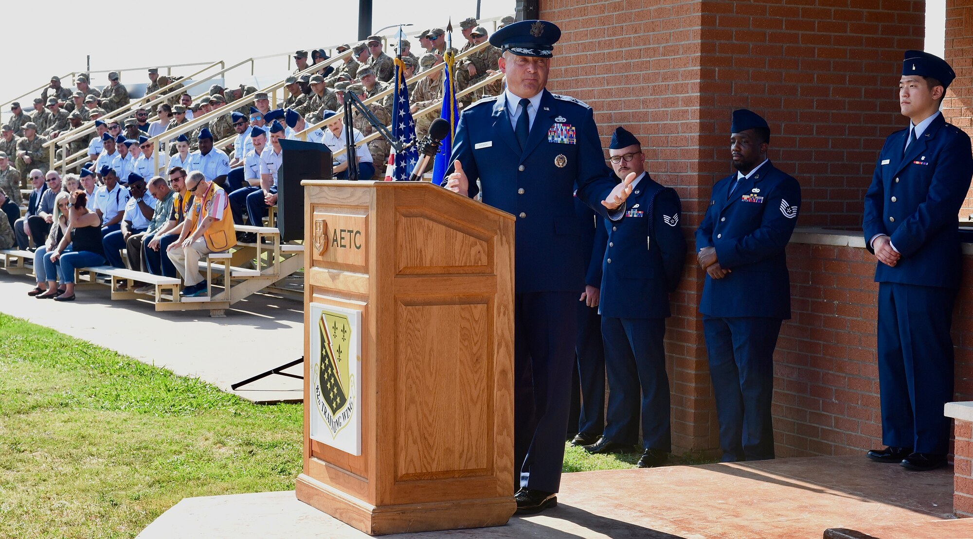 Brig. Gen. George T.M. Dietrich III, 82nd Training Wing incoming commander, gives remarks during the 82nd TRW Change of Command Ceremony at Sheppard Air Force Base, Texas, June 27, 2023.