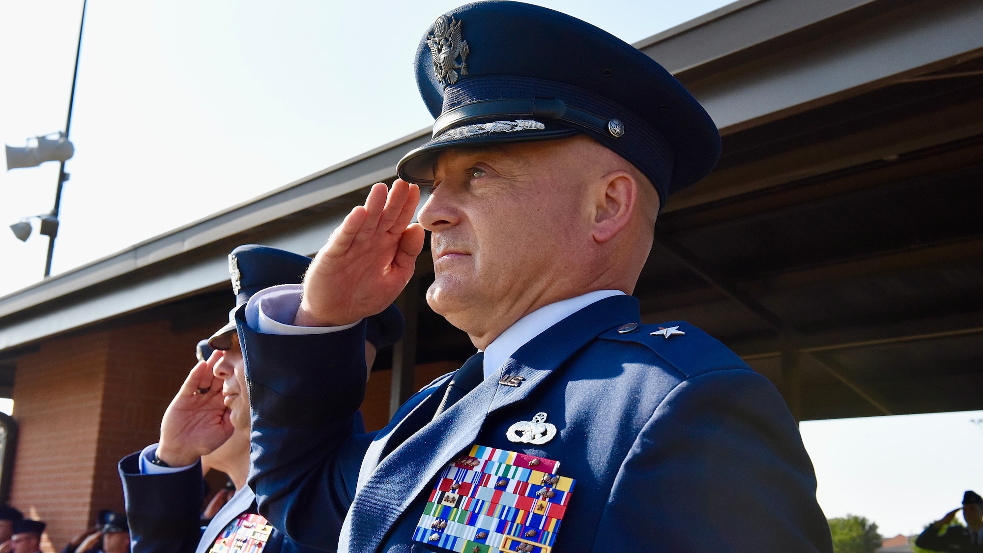 Brig. Gen. George T.M. Dietrich III, 82nd Training Wing incoming commander, gives a salute at the 82nd TRW Change of Command Ceremony at Sheppard Air Force Base, Texas, June 27, 2023.