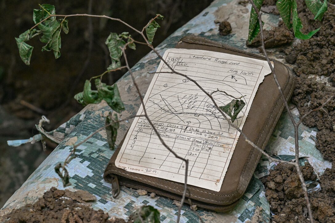 A Defender’s standard range card rests on a defensive fighting position on June 15, 2023, at Camp James A. Garfield Joint Military Training Center, Ohio.