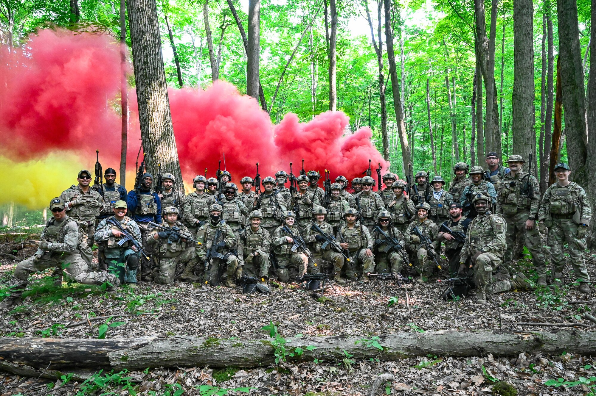 Defenders assigned to the 301st Security Forces Squadron, Carswell Field, Naval Air Station Joint Reserve Base Fort Worth, Texas, and the 916th SFS, Seymour Johnson Air Force Base, North Carolina, pose for a photo after a training exercise on June 15, 2023, at Camp James A. Garfield Joint Military Training Center, Ohio.