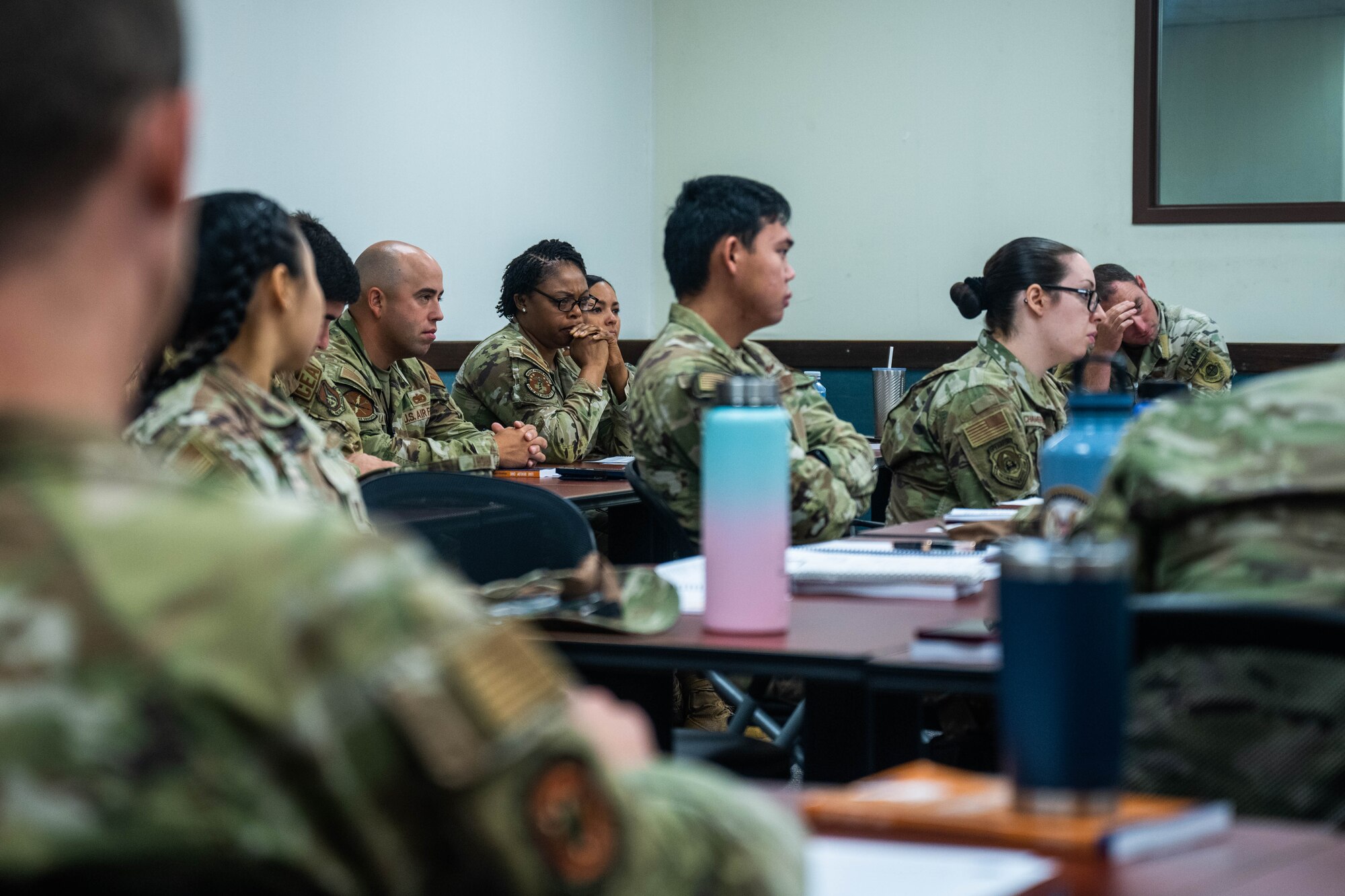 Company grade officers assigned to Joint Base Pearl Harbor-Hickam attend a leadership development course at Joint Base Pearl Harbor-Hickam, Hawaii, June 21, 2023. This training was designed to showcase leadership through the lead, develop and care model focusing on the areas of leader development, strategy and innovation. (U.S. Air Force photo by Senior Airman Makensie Cooper)