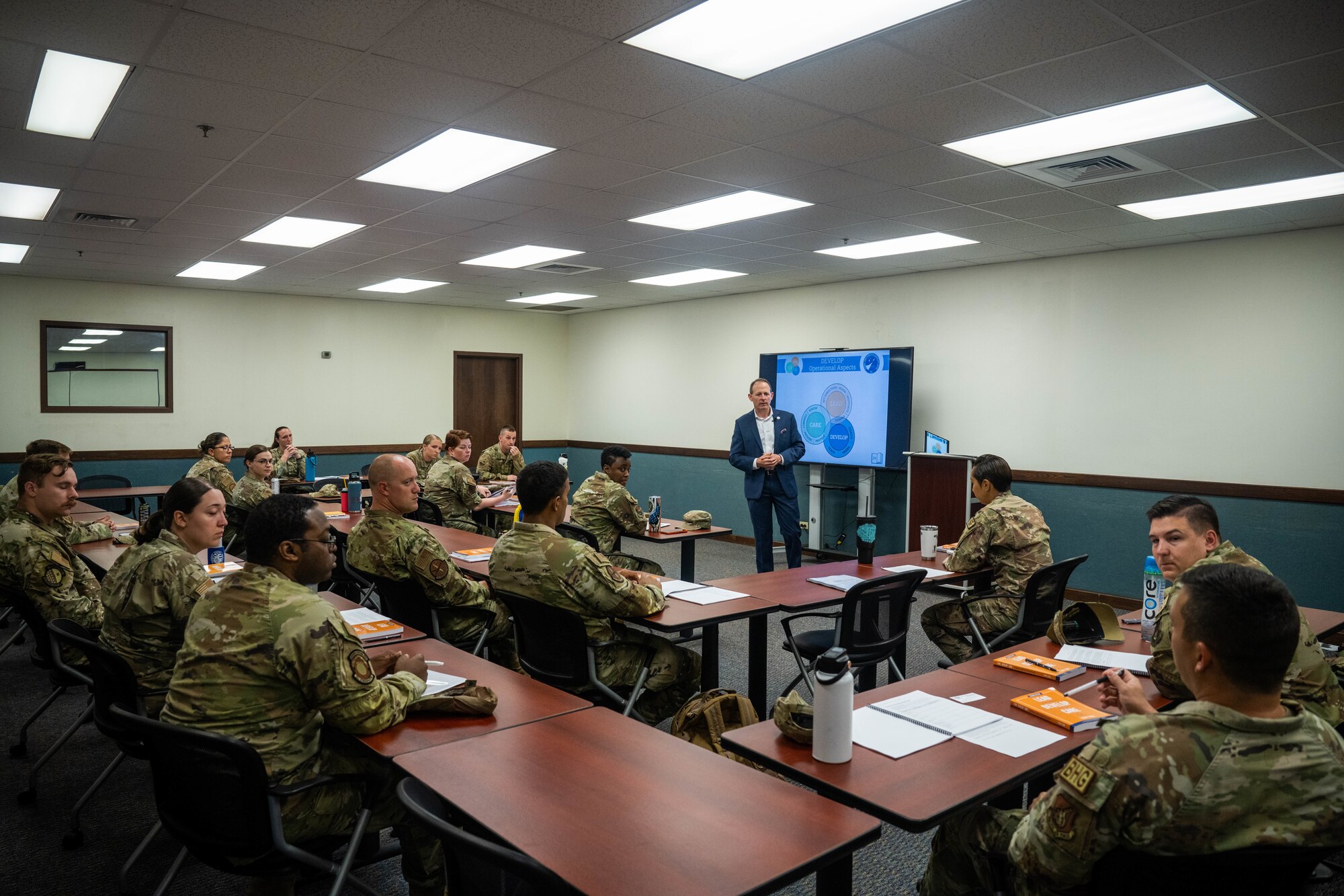 An airmen assigned to Joint Base Pearl Harbor-Hickam attends a leadership development course at Joint Base Pearl Harbor-Hickam, Hawaii, June 21, 2023. This two-day seminar provided attendees with skills and practices to develop team-building strategies. (U.S. Air Force photo by Senior Airman Makensie Cooper) (U.S. Air Force photo by Senior Airman Makensie Cooper)