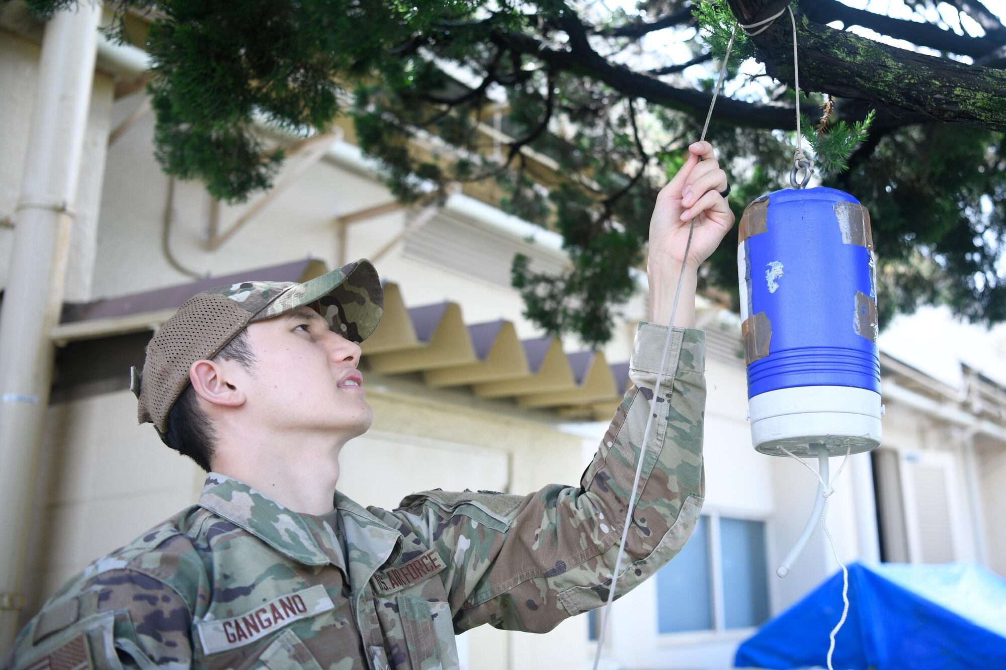 A service member sets up an insect trap.