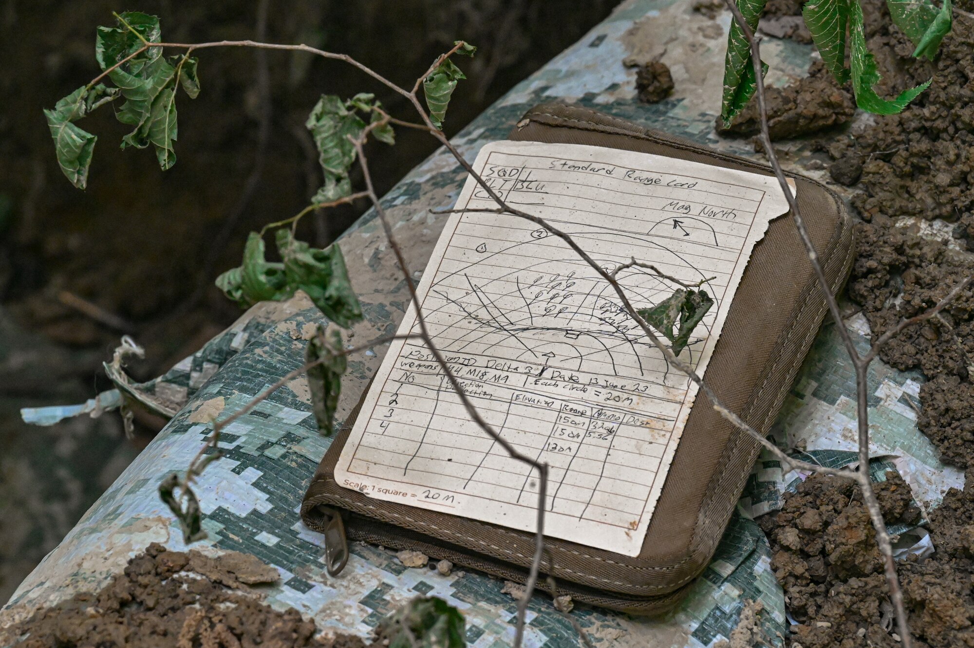 A Defender’s standard range card rests on a defensive fighting position on June 15, 2023, at Camp James A. Garfield Joint Military Training Center, Ohio.
