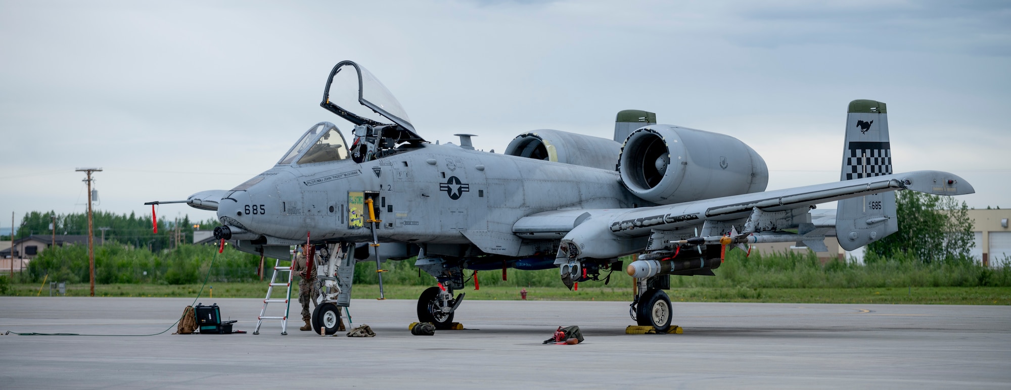 A U.S. Air Force A-10C Thunderbolt II from the 25th Fighter Squadron is given a pre-flight inspection by members of the 25th Fighter Generation Squadron during the first day of Red Flag Alaska 23-2 at Eielson Air Force Base, Alaska, June 9, 2023.