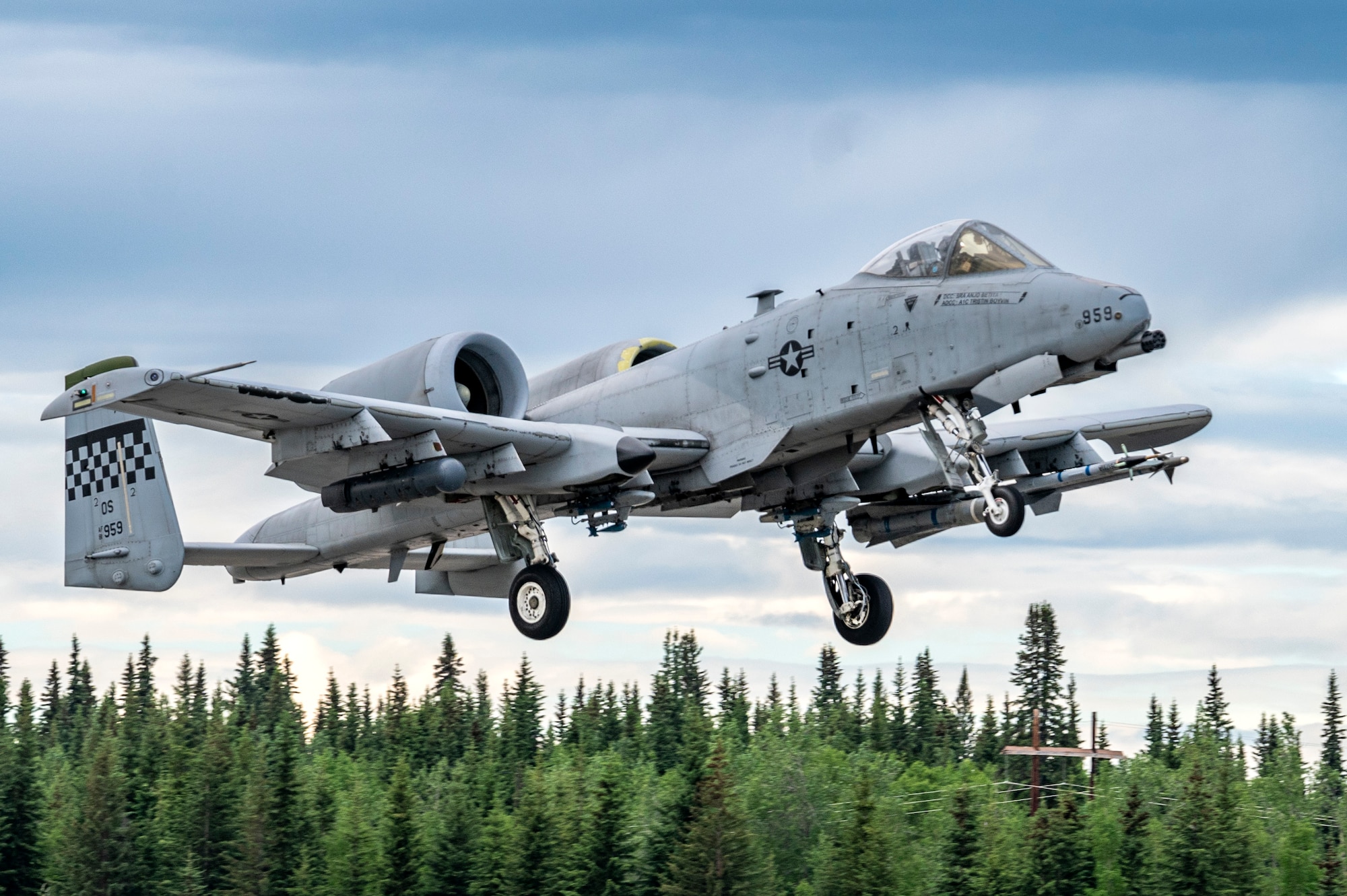 A U.S. Air Force A-10C Thunderbolt II from the 25th Fighter Squadron takes off during the first day of Red Flag Alaska 23-2 at Eielson Air Force Base, Alaska, June 9, 2023.