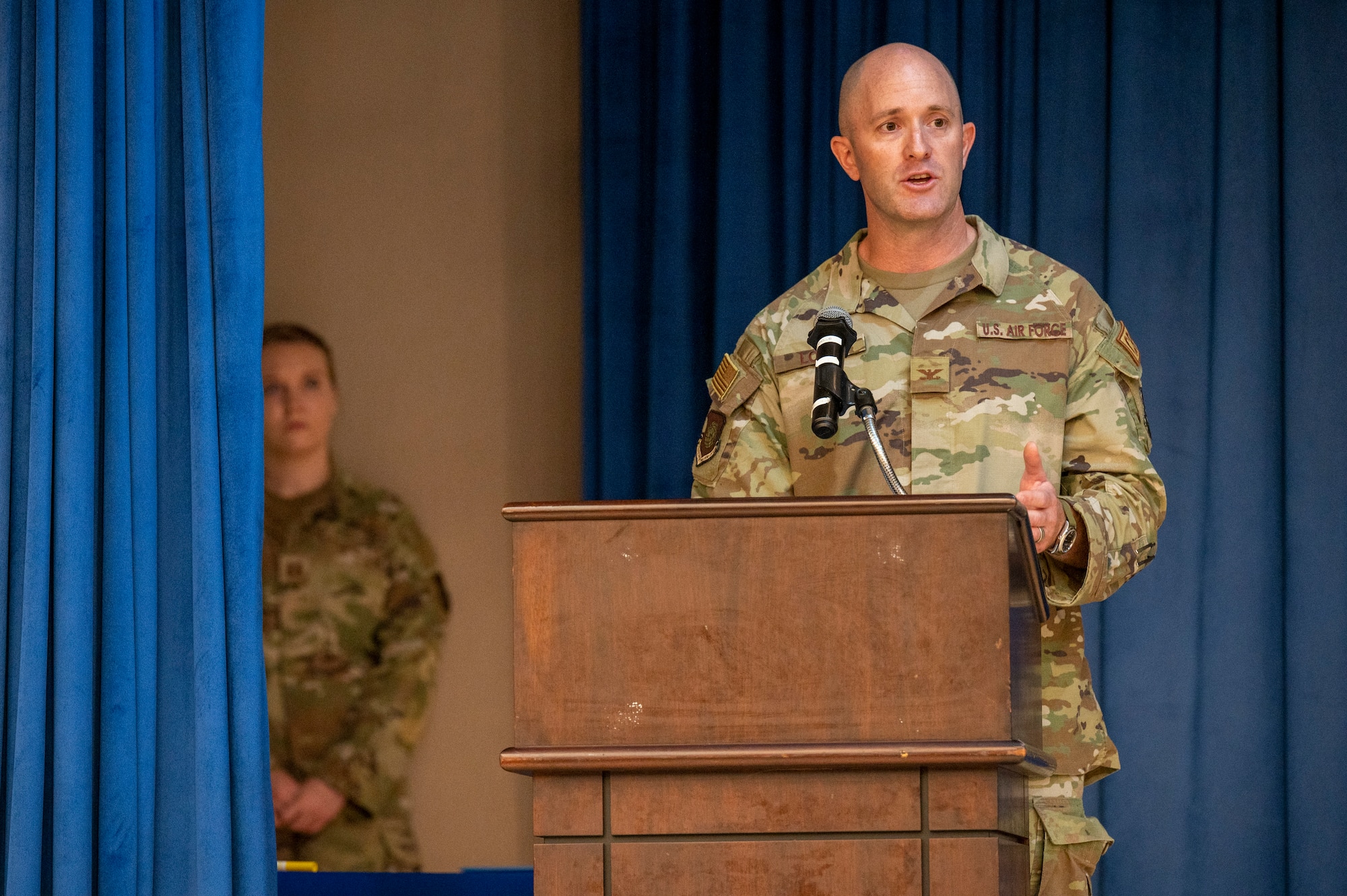 U.S. Air Force Col. Patrick Lowe, 607th Air Support Operations Group incoming commander, gives his first speech to his group during a change of command ceremony at Osan Air Base, Republic of Korea, June 26, 2023. Change of command ceremonies are time-honored traditions deeply-rooted in American military history. (U.S. Air Force photo by Senior Airman Aaron Edwards)