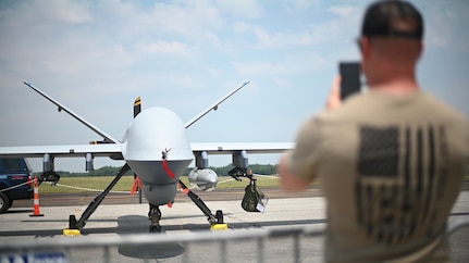 An MQ-9 on display at The Great American Air Show in Smyrna, Tenn., the weekend of June 10-11, 2023. The Reaper flew from California to Smyrna in June without ground crews and support facilities normally deployed to support line-of-sight taxiing, takeoff, and landing.