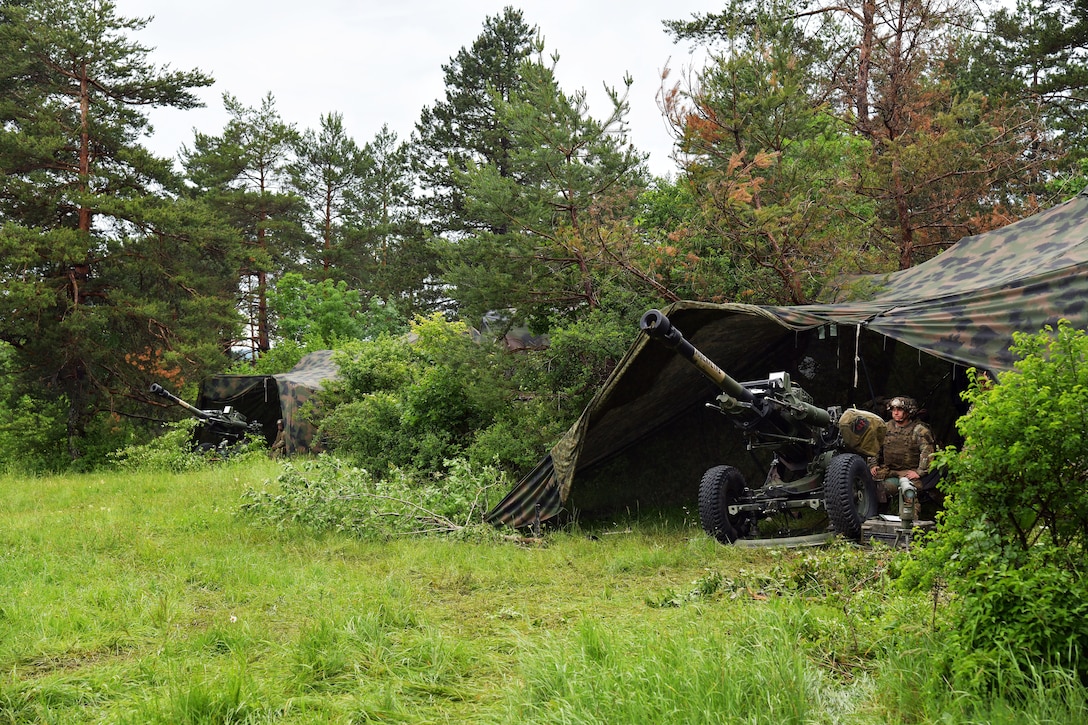 Soldiers set up a howitzer in a wooded area.