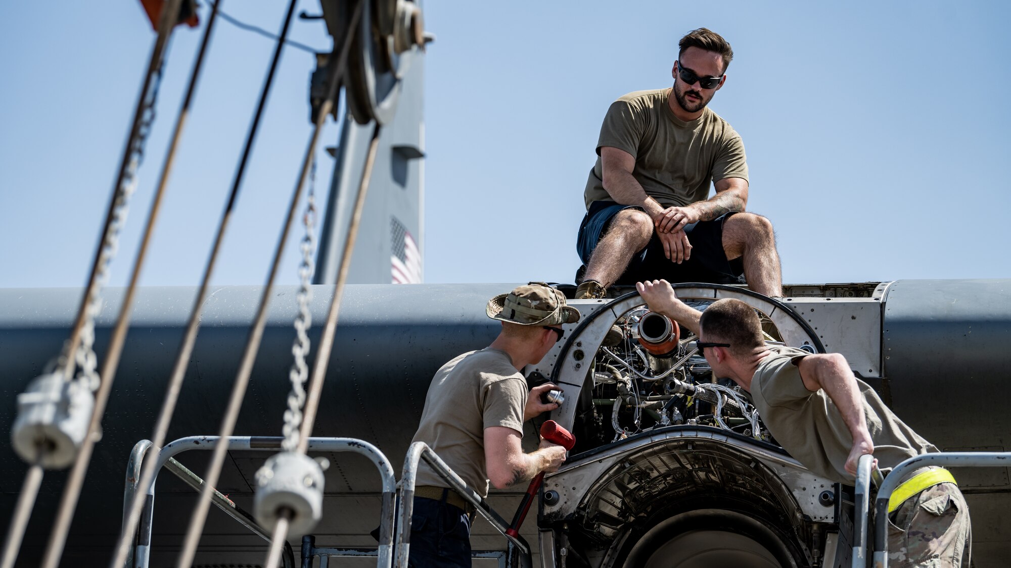 386th Expeditionary Aircraft Maintenance Squadron aerospace propulsion technicians prepare a C-130J Super Hercules for an engine swap at Ali Al Salem Air Base, Kuwait, June 27, 2023. The 386th EAMXS ensures their aircraft are always ready to deliver world-class warfighter support as a key airlift and airdrop enabled asset. (U.S. Air Force photo by Staff Sgt. Kevin Long)