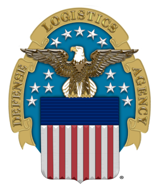 An eagle perched on an American flag shield over a blue background of 13 stars enwreathed in a gold ribbon with the words Defense Logistics Agency