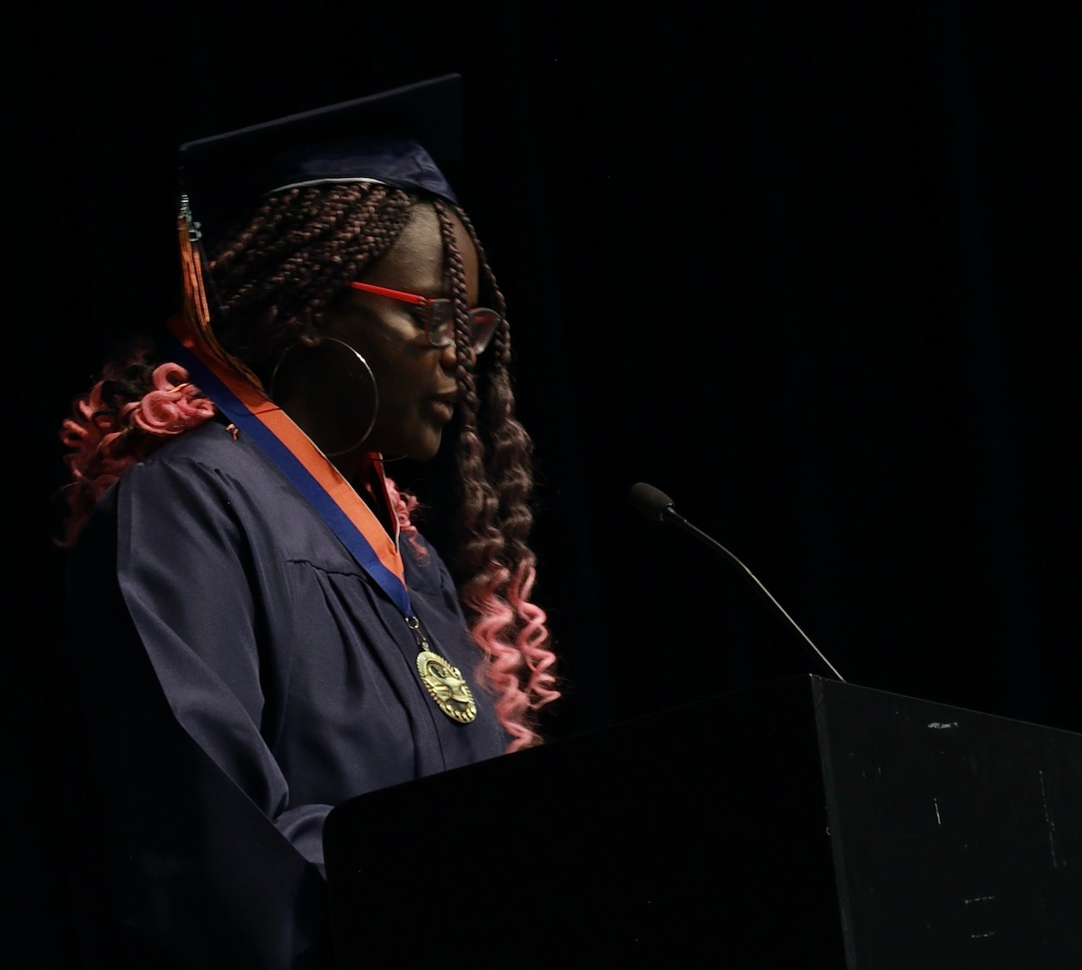 Lincoln's ChalleNGe Academy Valedictorian Taiwo Sowemimo speaks during Saturday's graduation ceremony.