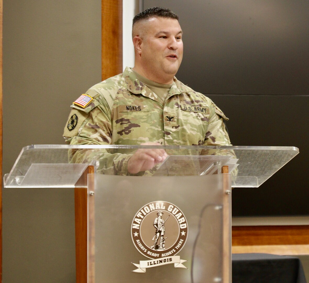 Illinois Army National Guard Col. Shawn Nokes of Springfield assumed command of the 129th Regiment (Regional Training Institute) at the unit's headquarters in the Illinois Military Academy on Camp Lincoln in Springfield on June 10.